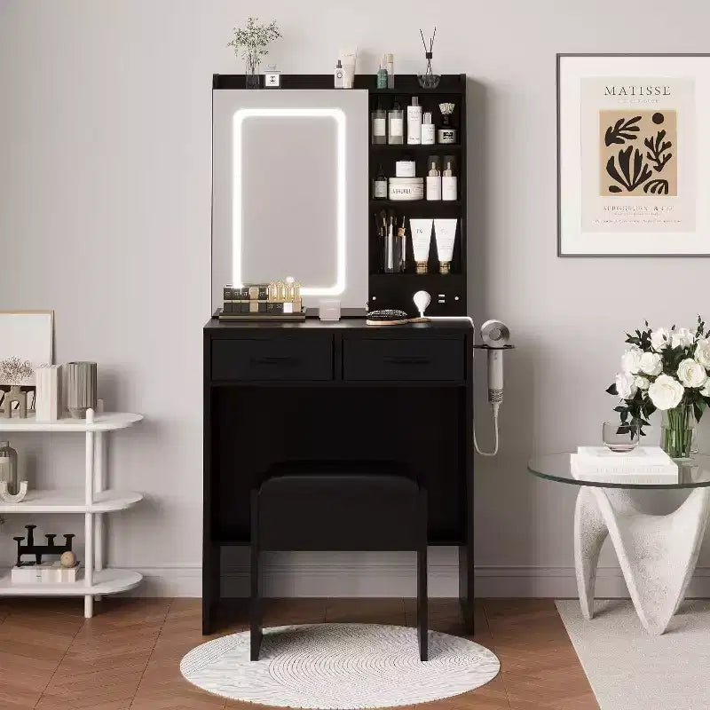 Dressing Table with Stool; Makeup Vanity Desk Set with Mirror; Lights; Charging Station; 2 Drawers; Power Outlets; USB Ports and RGB Cabinets