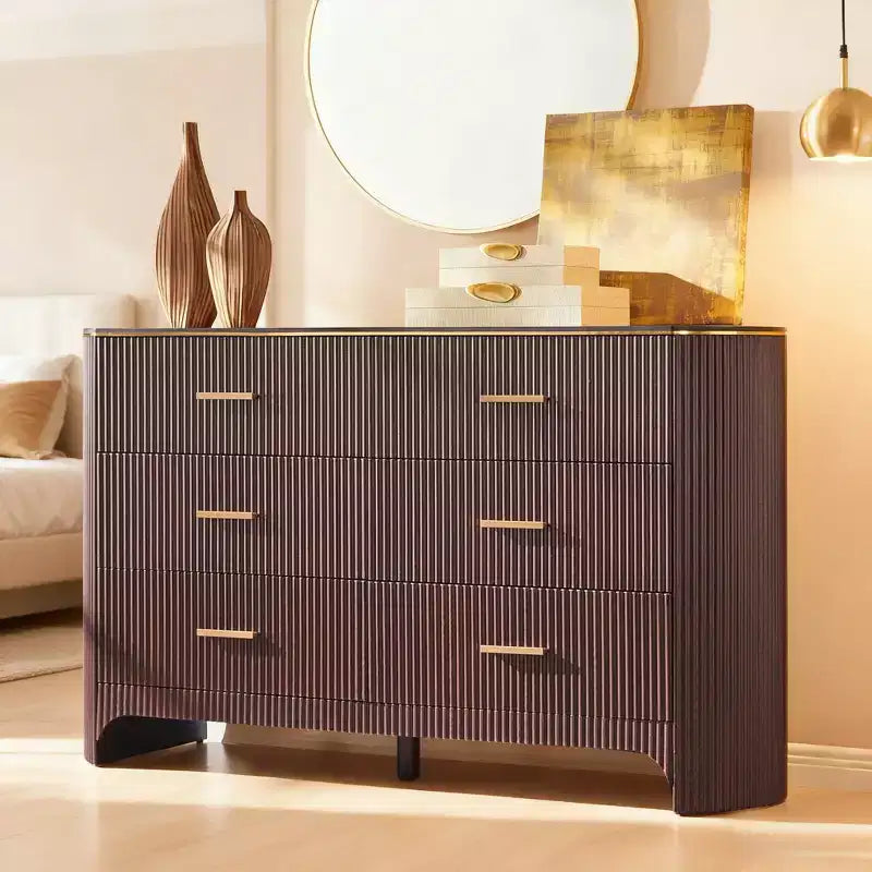 6 Drawer Dresser for Bedroom; 53.9 Wide Drawers with Gold Handles; Curved Profile; Wood Storage Dressers Organizer for Living Room