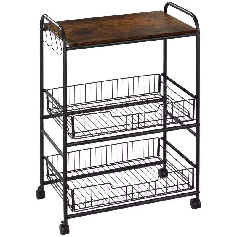 3 Tier Kitchen Cart with Storage; Rolling Kitchen Island Cart with 2 Sliding Fruit Basket and Side Hooks for Dining Room