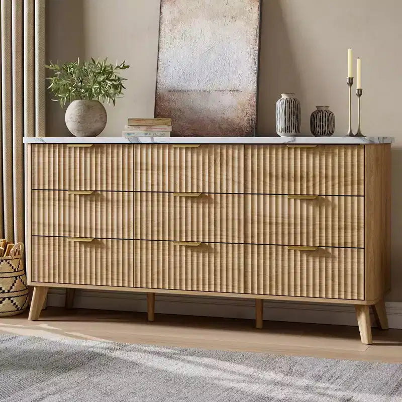 9 Drawer Dresser for Bedroom; 60.6W Chest of Drawers with Gold Handle; Fluted Dresser TV Stand; Clothing Storage Organizer for Living Room