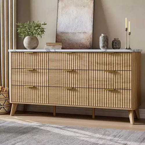 9 Drawer Dresser for Bedroom; 60.6W Chest of Drawers with Gold Handle; Fluted Dresser TV Stand; Clothing Storage Organizer for Living Room