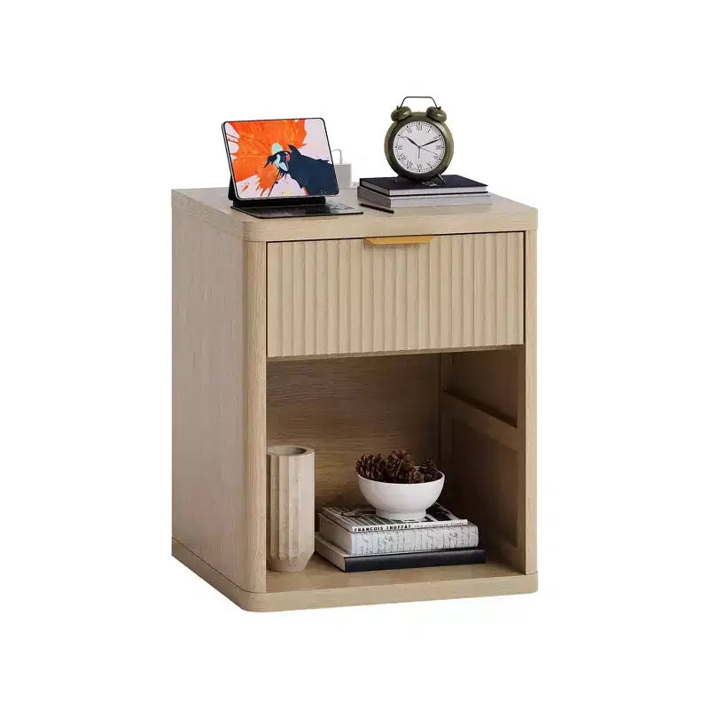 Fluted Nightstand Set of 2 with Charging Station; Bedside Table with 2 Drawers & Open Storage Space; Rounded Corners for Bedroom; Living Room