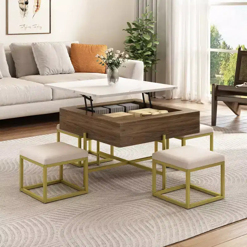 Square Lift-Top Coffee Table with Ottomans and Storage; Gold Center Table Set with Stools Underneath for Living Room; White & Walnut