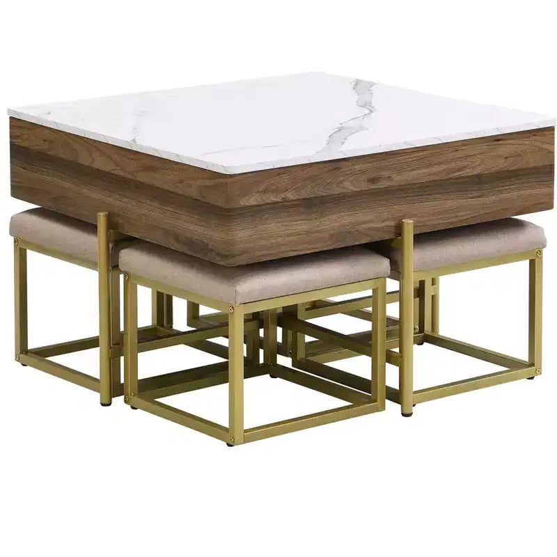 Table basse carrée réglable en hauteur avec pouf et espace de rangement.