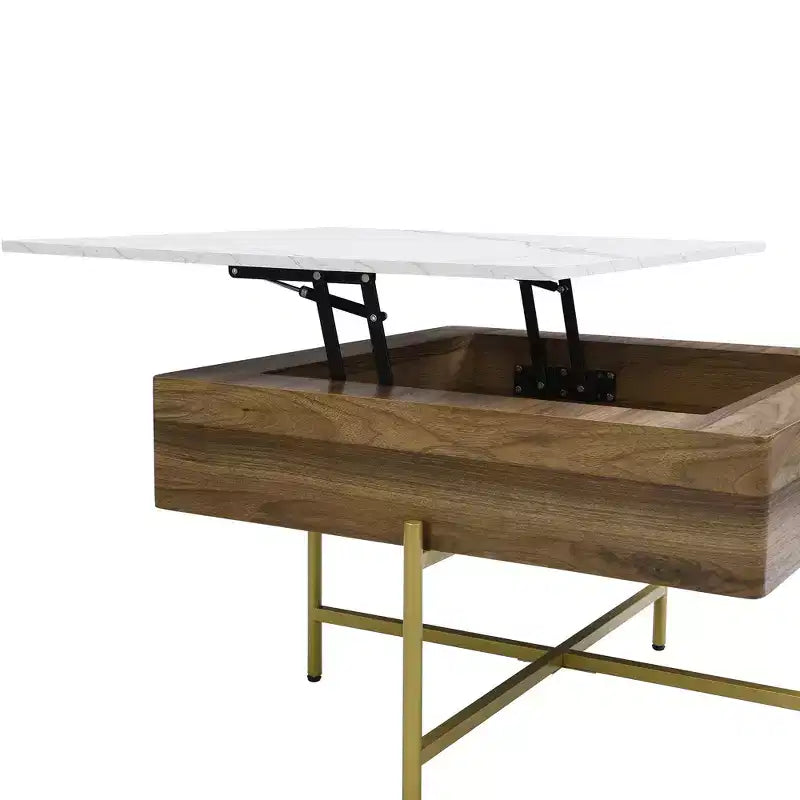 Table basse carrée réglable en hauteur avec pouf et espace de rangement.