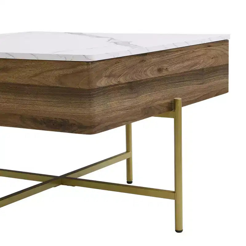 Table basse carrée réglable en hauteur avec pouf et espace de rangement.
