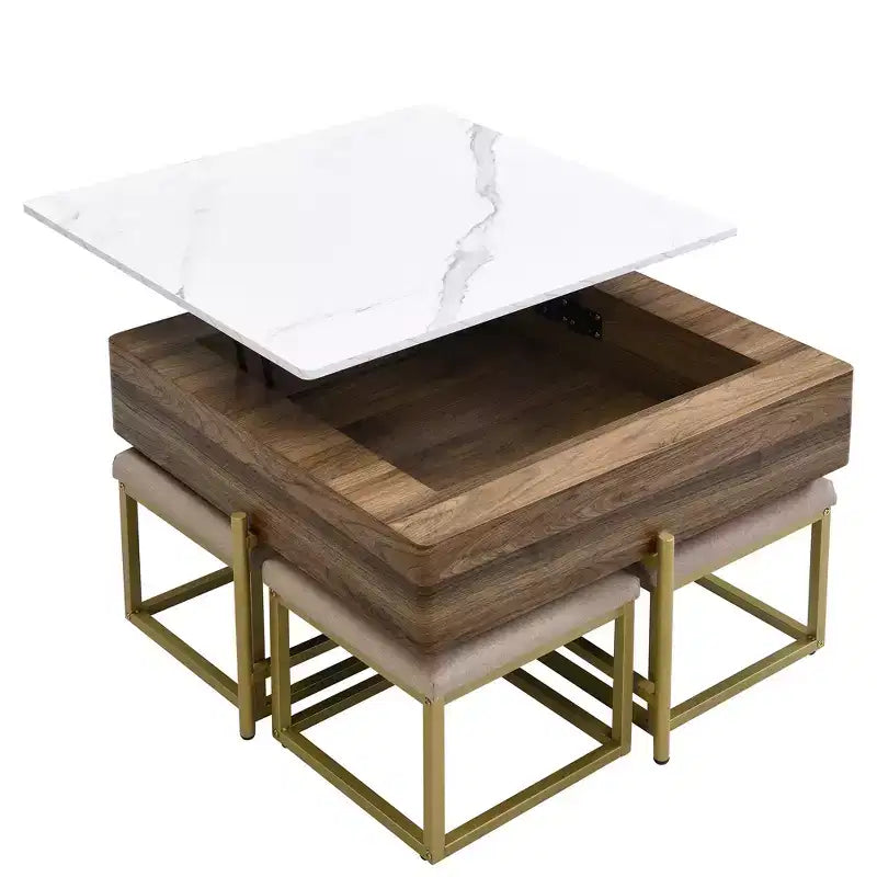 Table basse carrée réglable en hauteur avec pouf et espace de rangement.