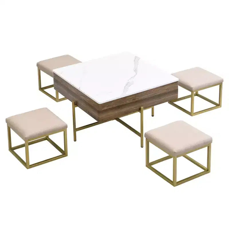 Table basse carrée réglable en hauteur avec pouf et espace de rangement.