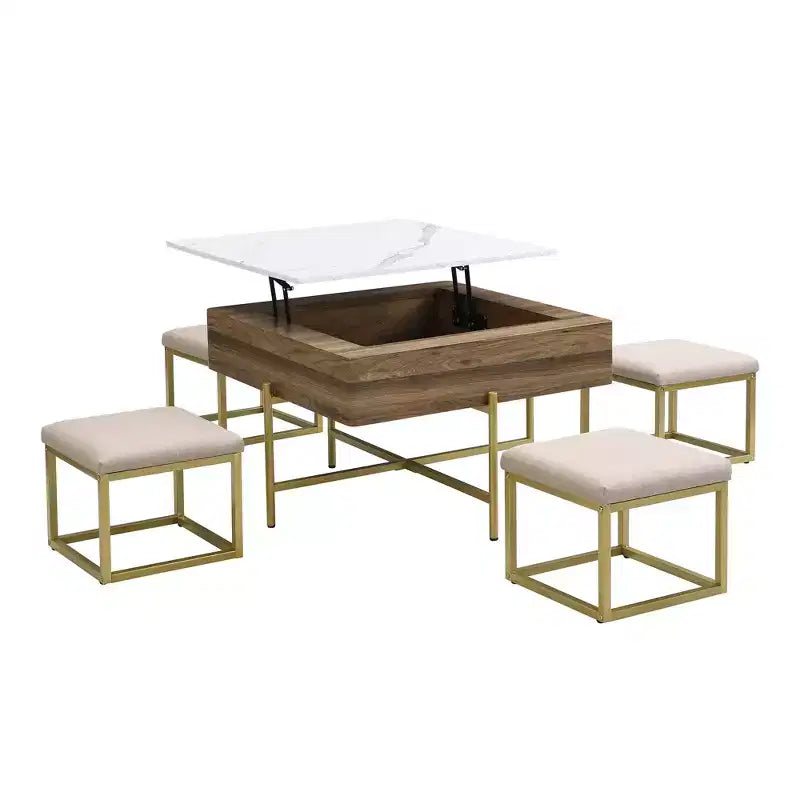 Table basse carrée réglable en hauteur avec pouf et espace de rangement.