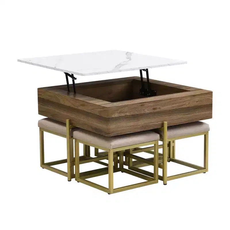 Table basse carrée réglable en hauteur avec pouf et espace de rangement.