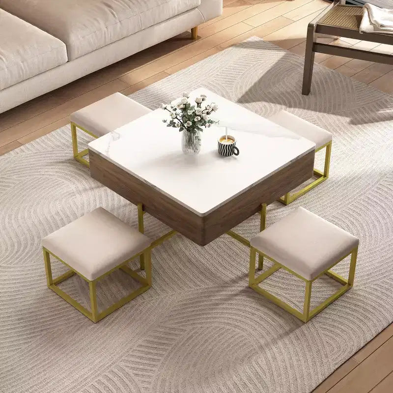 Table basse carrée réglable en hauteur avec pouf et espace de rangement.