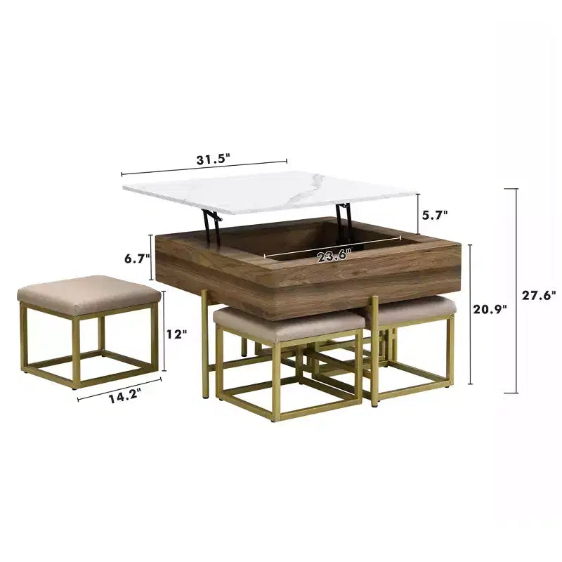 Table basse carrée réglable en hauteur avec pouf et espace de rangement.