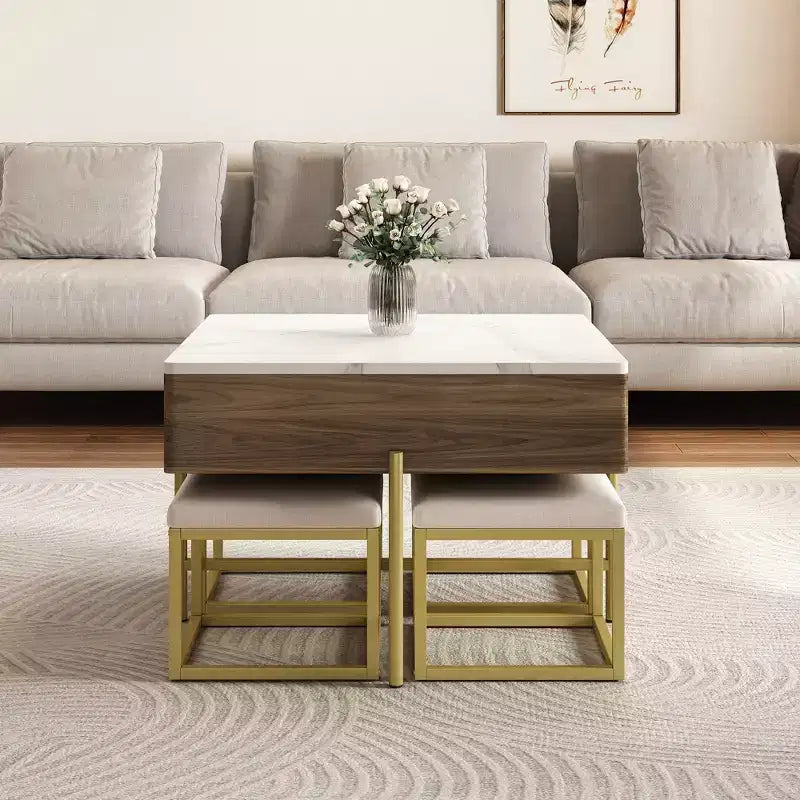 Table basse carrée réglable en hauteur avec pouf et espace de rangement.