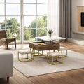 Table basse carrée réglable en hauteur avec pouf et espace de rangement.