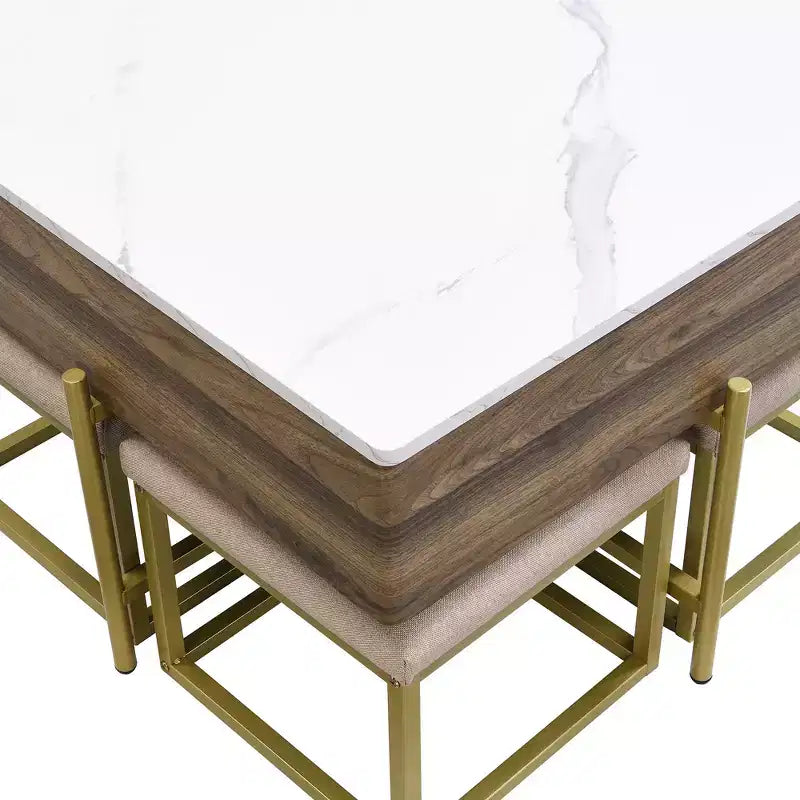 Table basse carrée réglable en hauteur avec pouf et espace de rangement.