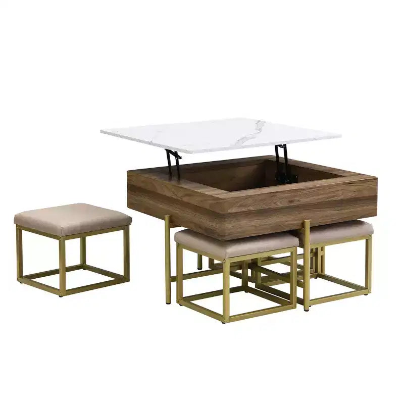 Table basse carrée réglable en hauteur avec pouf et espace de rangement.