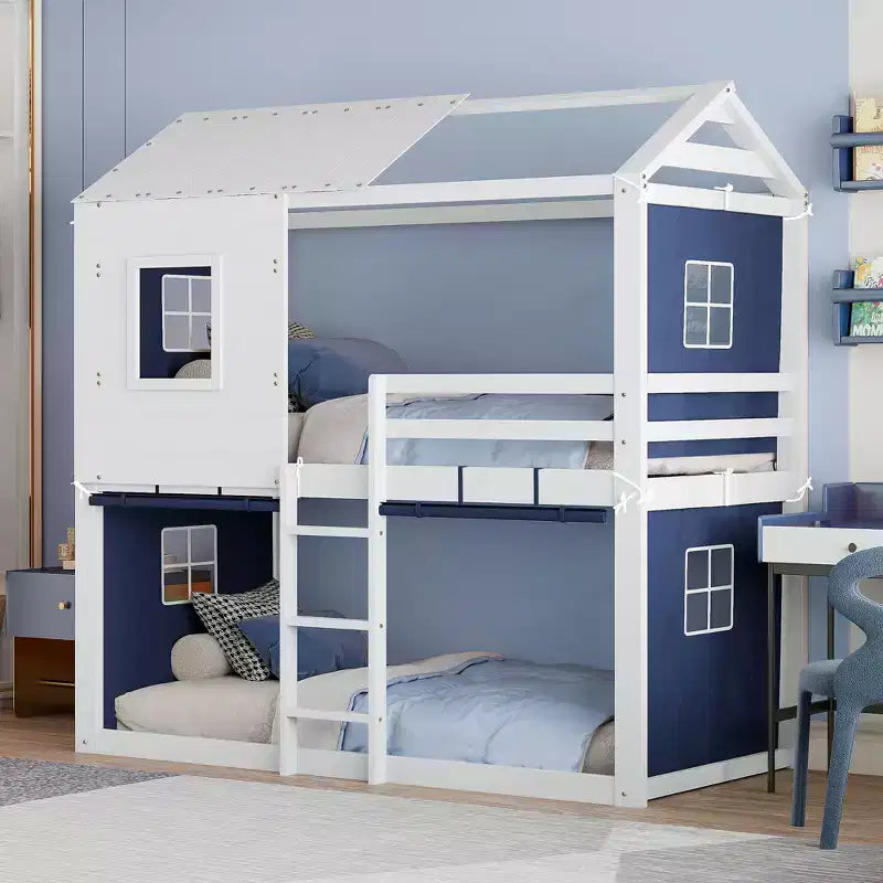 Twin/Full Size Bunk Wood House Bed with Tent; Fun Playhouse Design for Kids - ModernLuxe