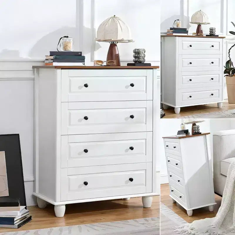 Commode de rangement blanche ; 4 tiroirs avec poignées brossées