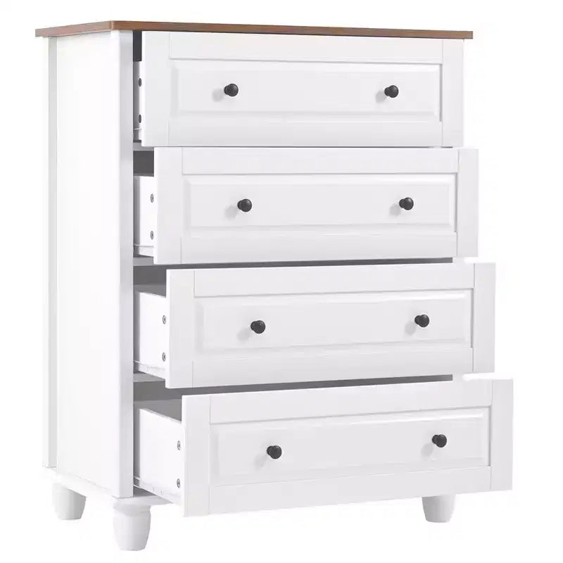 Commode de rangement blanche ; 4 tiroirs avec poignées brossées