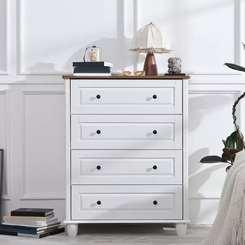 Commode de rangement blanche ; 4 tiroirs avec poignées brossées