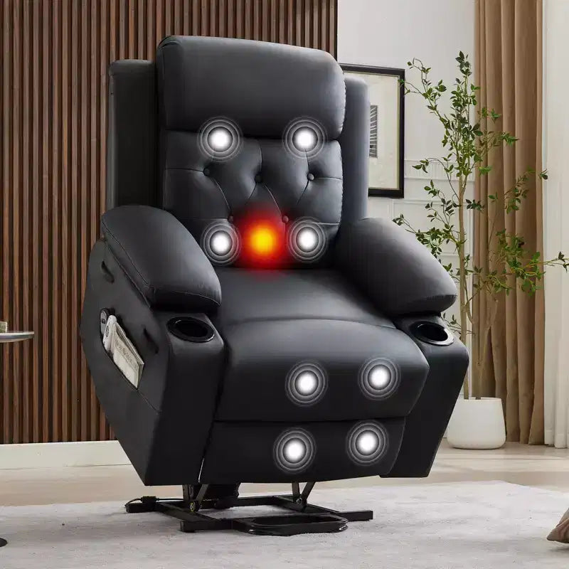 Power Lift Recliner Chair for Elderly with Lumbar Heating; Oversized PU Leather Electric Lift Recliner Single Sofa with Side Pockets; Two Cup Holders