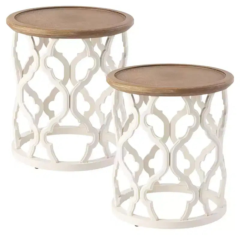 COZAYH Rustic Table Round Accent Wood Tray Top Curved Base Furniture; Set of 2
