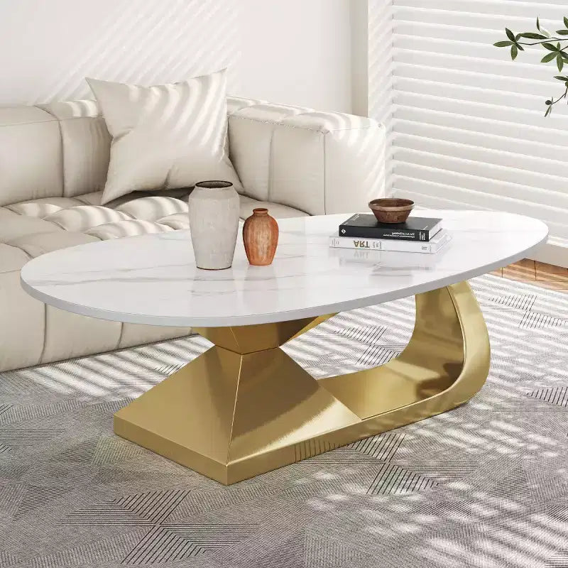 Modern Sintered Stone Coffee Table with Sculptural Stainless Steel Base; Faux Marble Pebble-Shaped Center Table for Living Room - Panipeachy