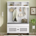 Okak 5-IN-1 Hall Tree with Shutter-Shaped Doors; Freestanding Coat Rack with Cushion and 4 Sturdy Hooks; Wide Coat Stand for Hallway; White