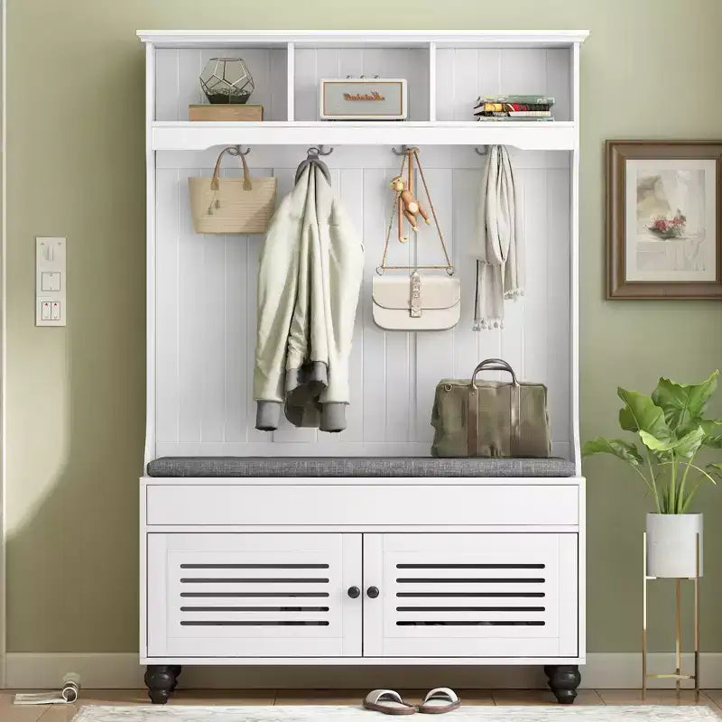 Okak 5-IN-1 Hall Tree with Shutter-Shaped Doors; Freestanding Coat Rack with Cushion and 4 Sturdy Hooks; Wide Coat Stand for Hallway; White