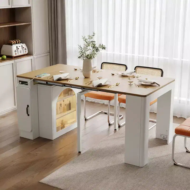 JVNOXK 59.00 inch Extendable Dining Table with 3 Removable Center Extensions; Mobile Storage Island with Power Outlet and Casters