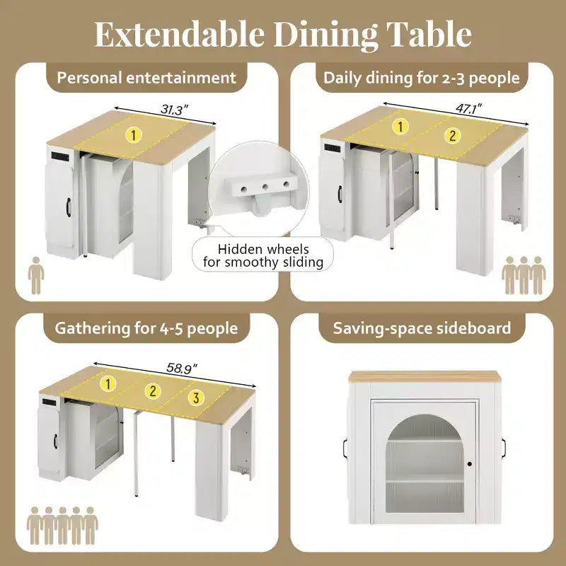 Table à manger extensible avec 3 rallonges centrales amovibles.
