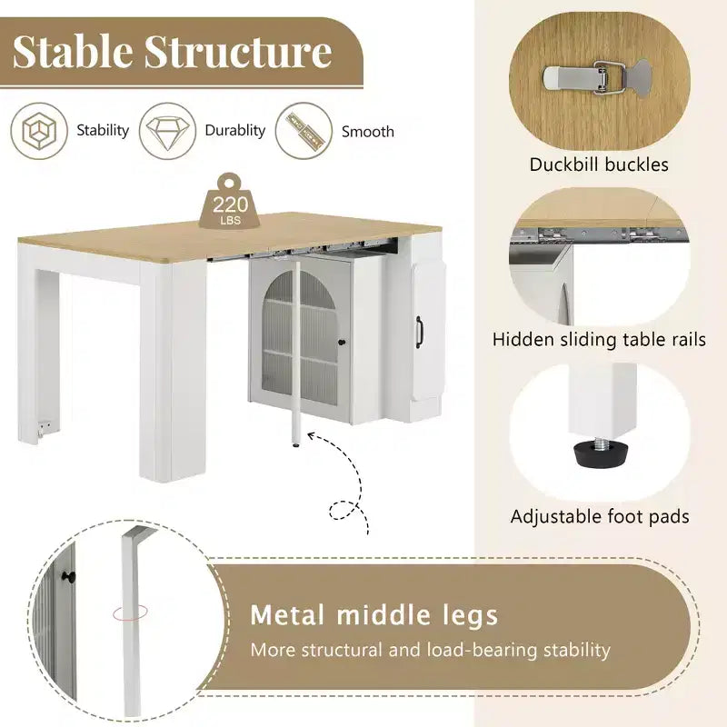 Table à manger extensible avec 3 rallonges centrales amovibles.
