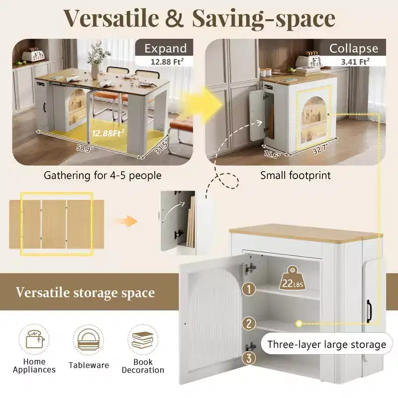 Table à manger extensible avec 3 rallonges centrales amovibles.