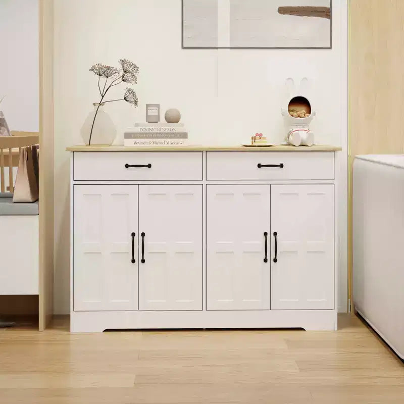 MAYEERTY White 47.95 Farmhouse Buffet Cabinet; 2 Drawers 4 Doors Storage Sideboard for Dining Room