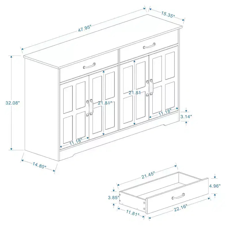 Buffet de style campagnard ; 2 tiroirs, 4 portes