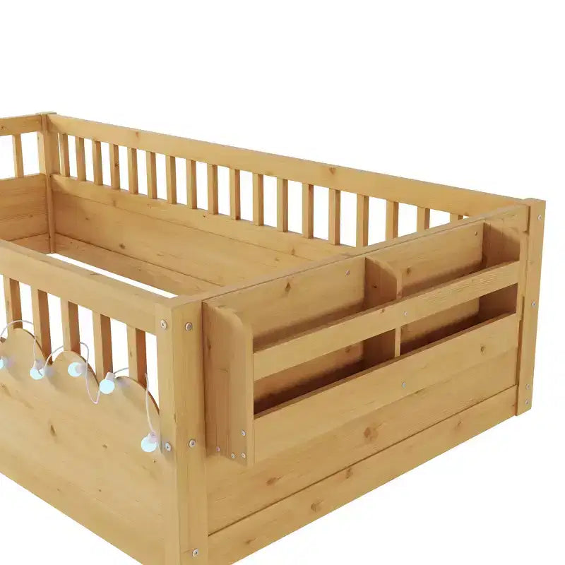 Lit de sol moderne avec des barrières de sécurité hautes, des lumières LED et des étagères de rangement.