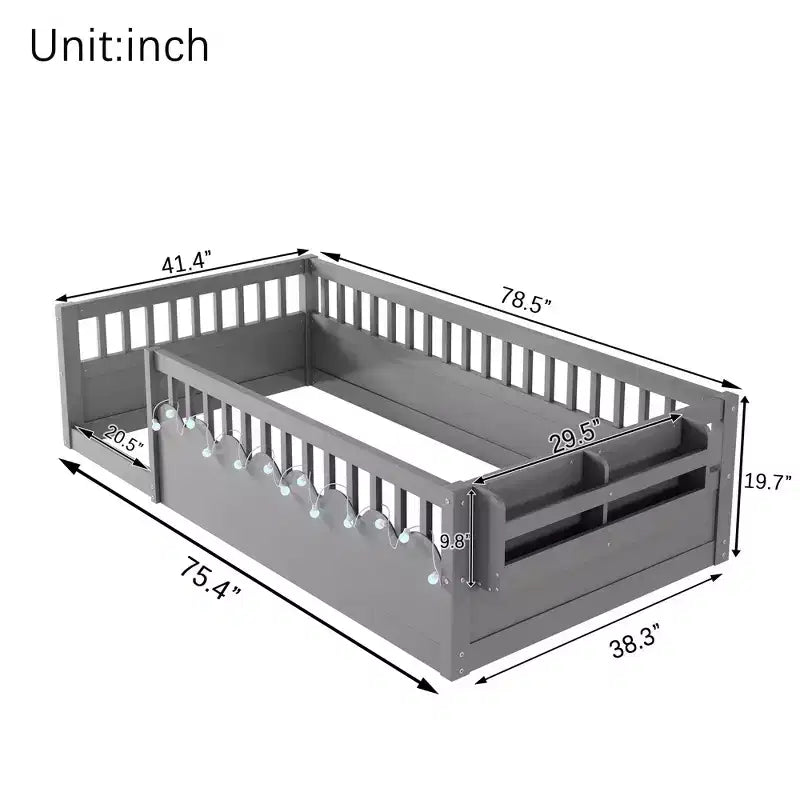 Lit de sol moderne avec des barrières de sécurité hautes, des lumières LED et des étagères de rangement.
