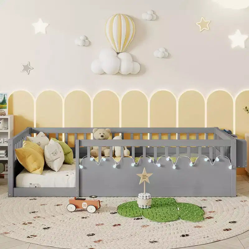 GDFStudio Sana Modern Montessori Floor Bed with High Rails; LED Light and Storage Shelf