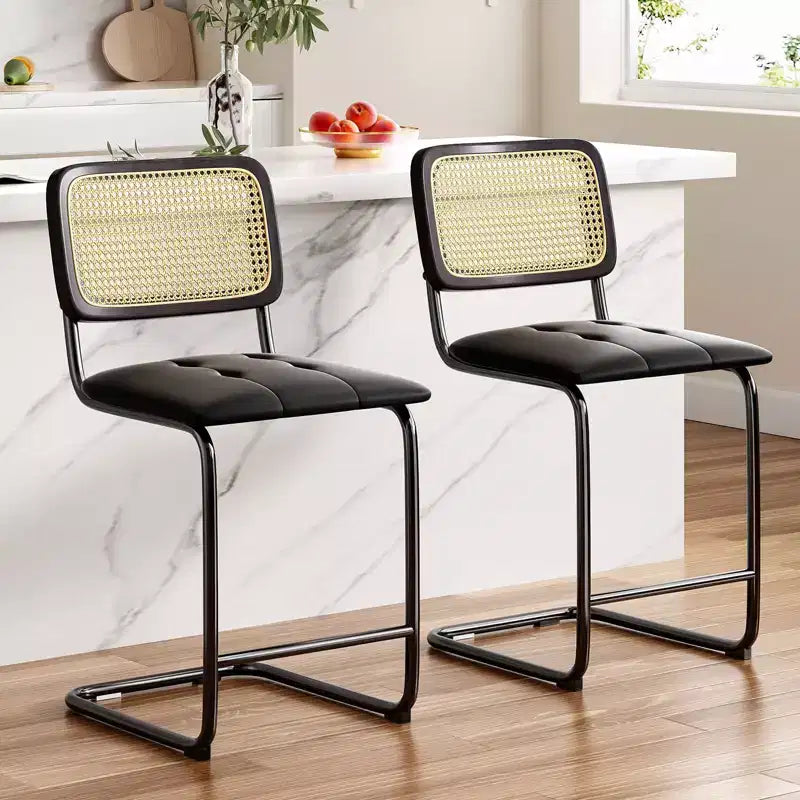 Okak 24 Inch Counter Stools Set of 2; Upholstered PU Leather Barstools with Natural Rattan Back; Modern Armless Bar Chairs for Kitchen Island