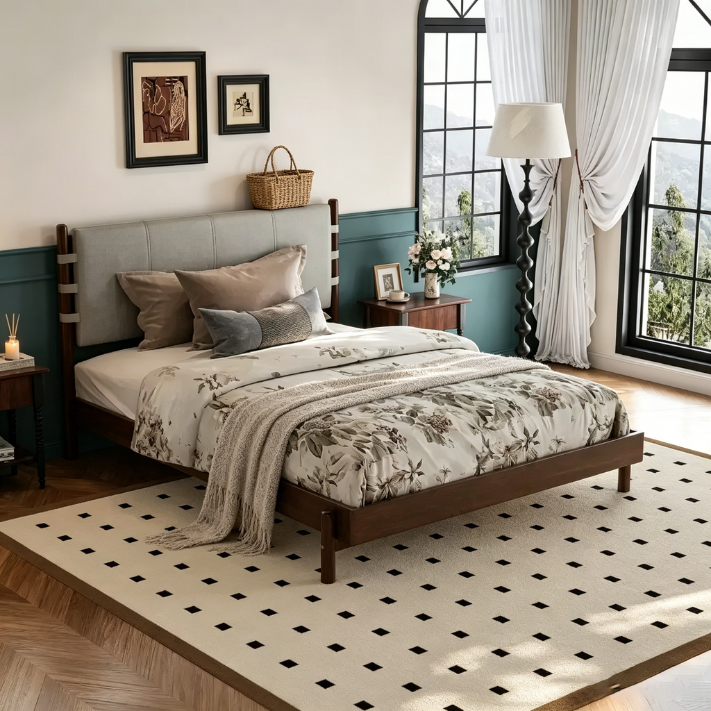 Lit double Queen/King ; Lit plateforme en bois avec tête de lit