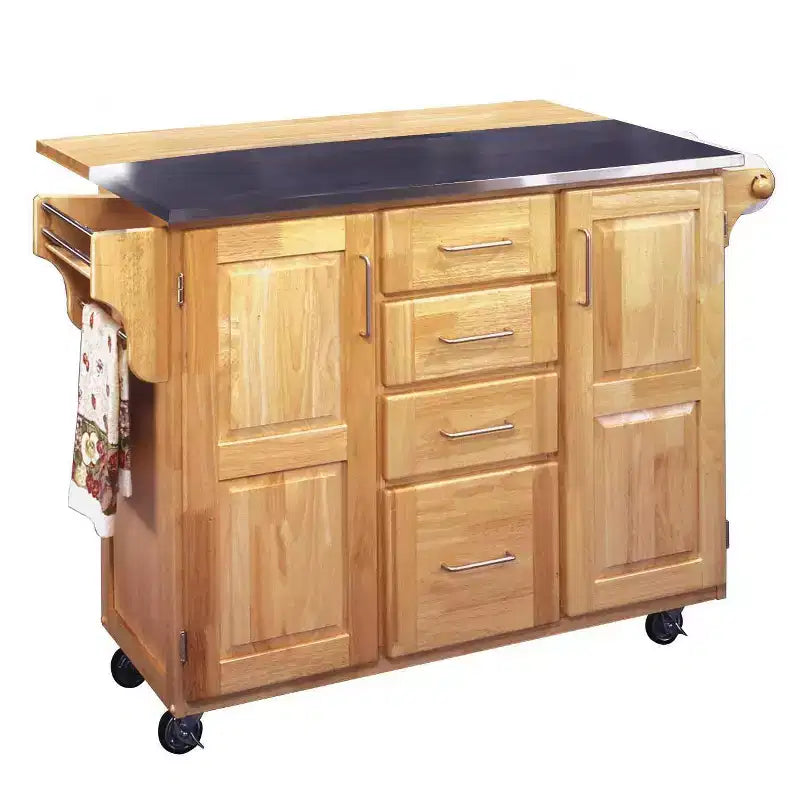 Breakfast Bar Kitchen Cart Natural with Stainless Steel Top - Home Styles: Rolling Island; Storage; Modern Design
