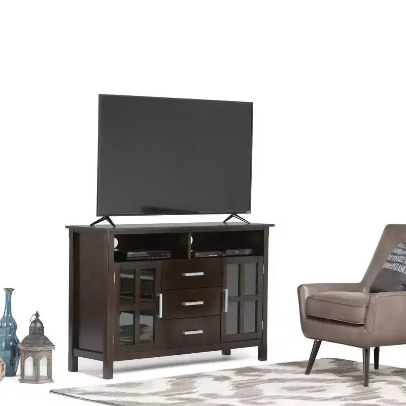 WyndenHall Waterloo Tall TV Stand for TVs up to 55" Hickory Brown: Mid-Century Modern with Storage; Pine Frame