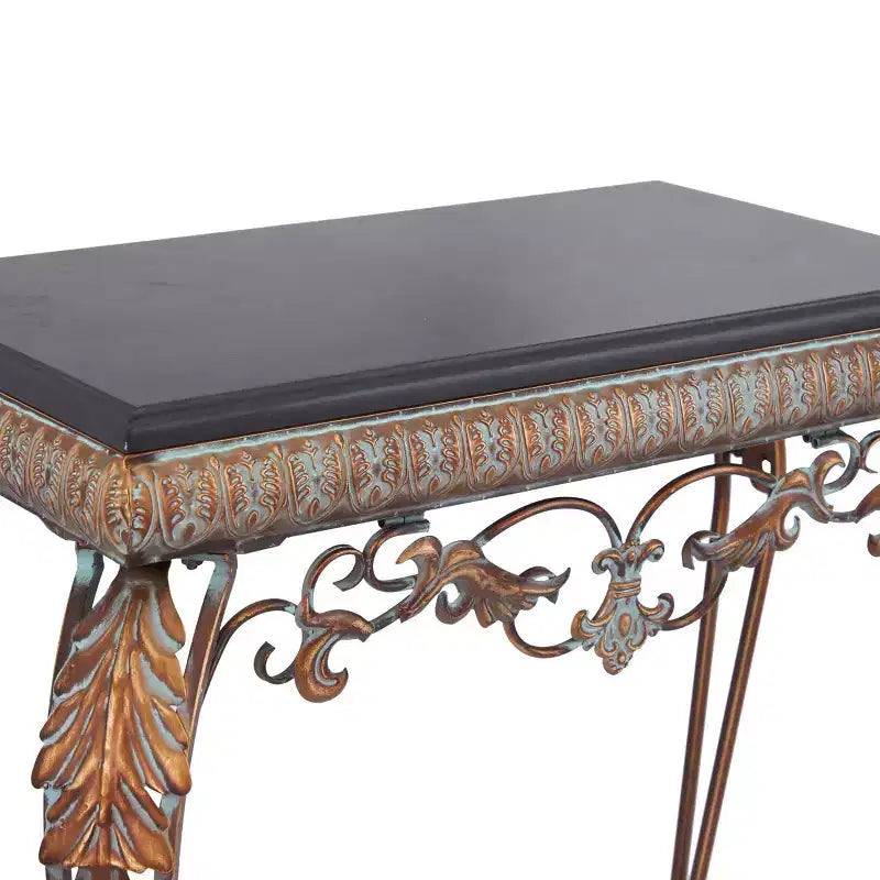 Console d'entrée traditionnelle en fer forgé avec une finition bronze miroir.