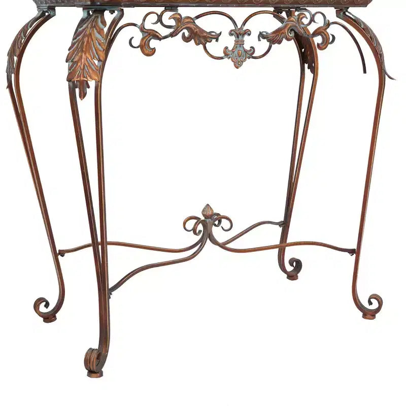 Console d'entrée traditionnelle en fer forgé avec une finition bronze miroir.