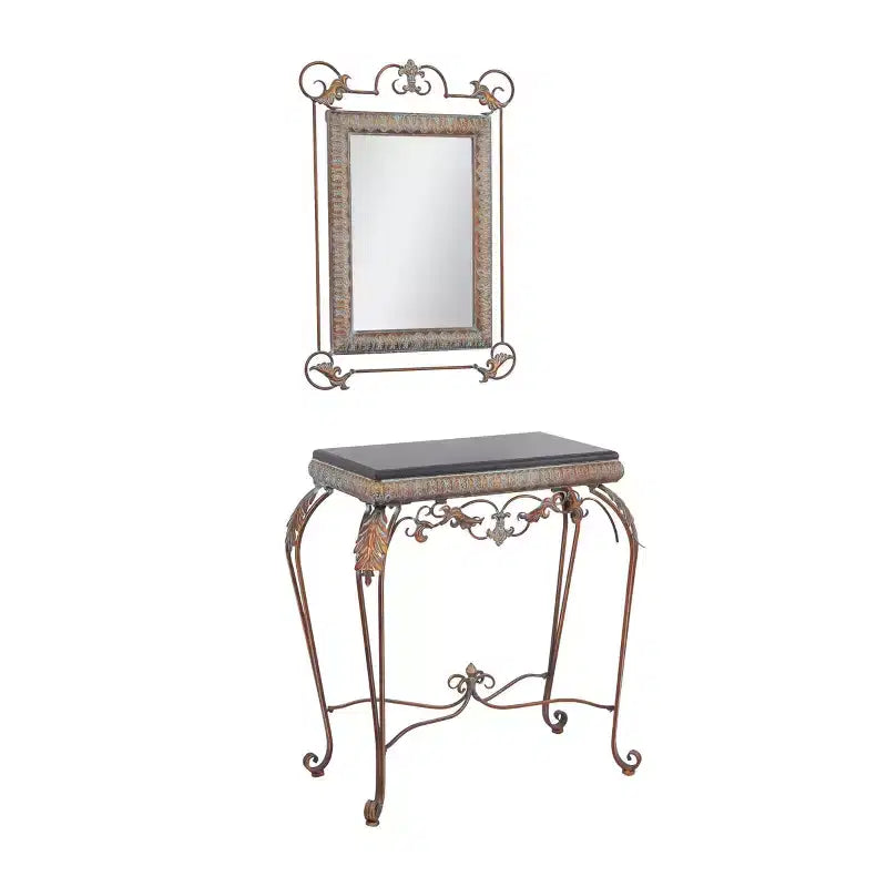 Console d'entrée traditionnelle en fer forgé avec une finition bronze miroir.