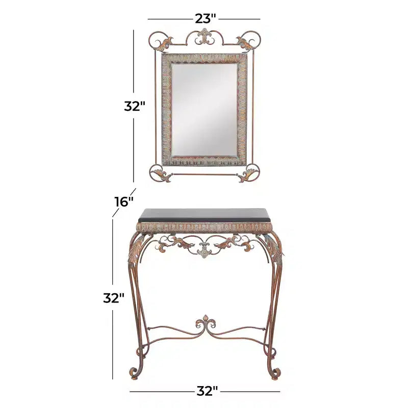 Console d'entrée traditionnelle en fer forgé avec une finition bronze miroir.