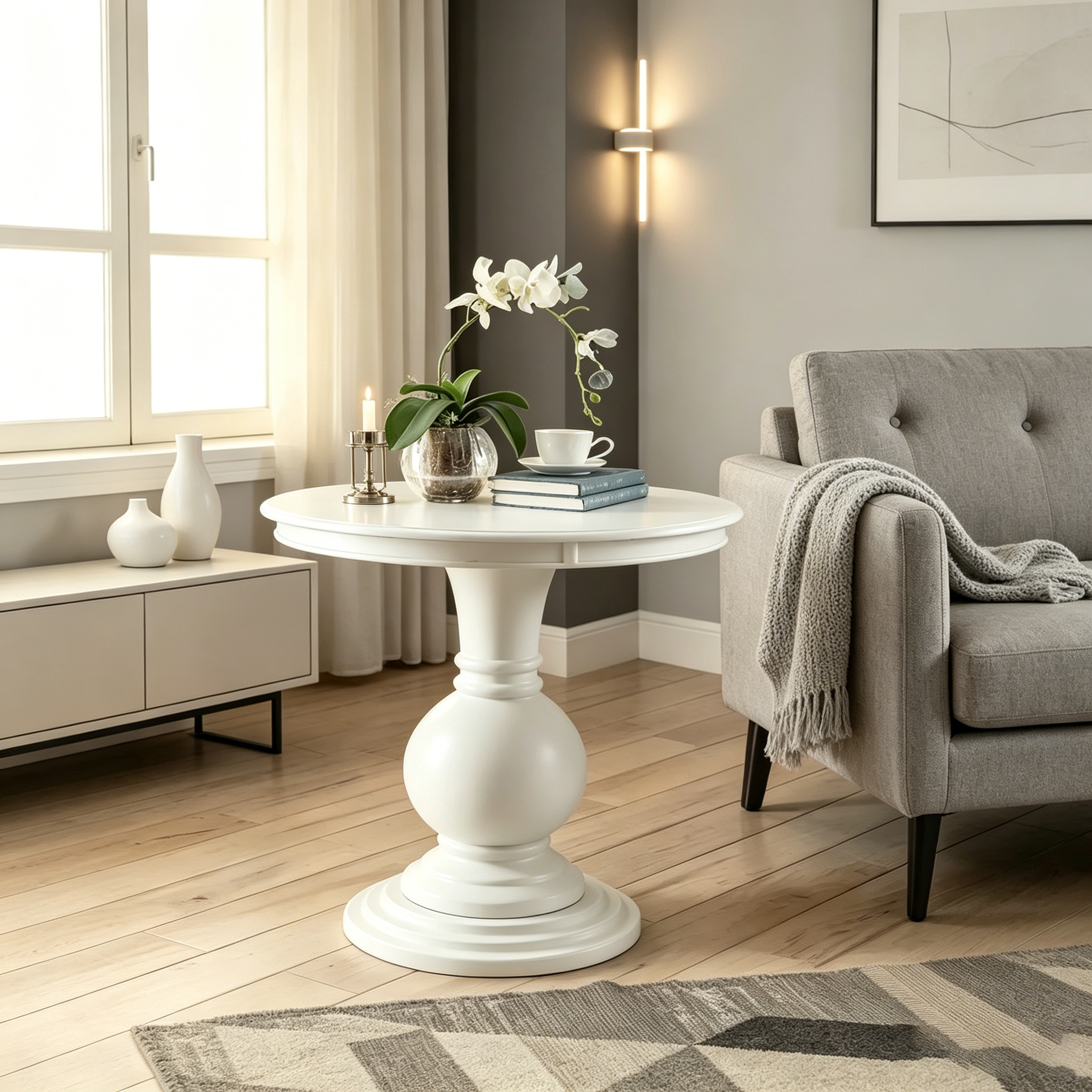 Side table with base; antique white