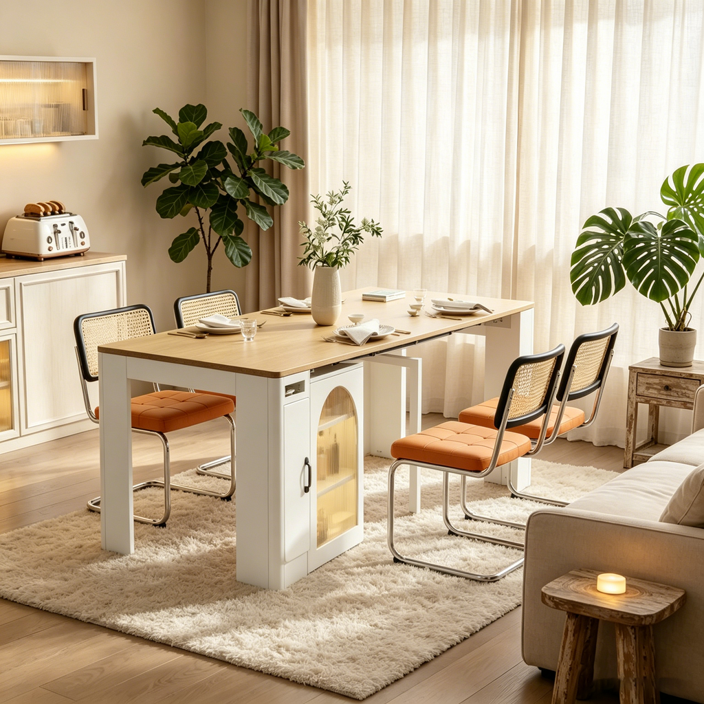 Table à manger extensible avec 3 rallonges centrales amovibles.