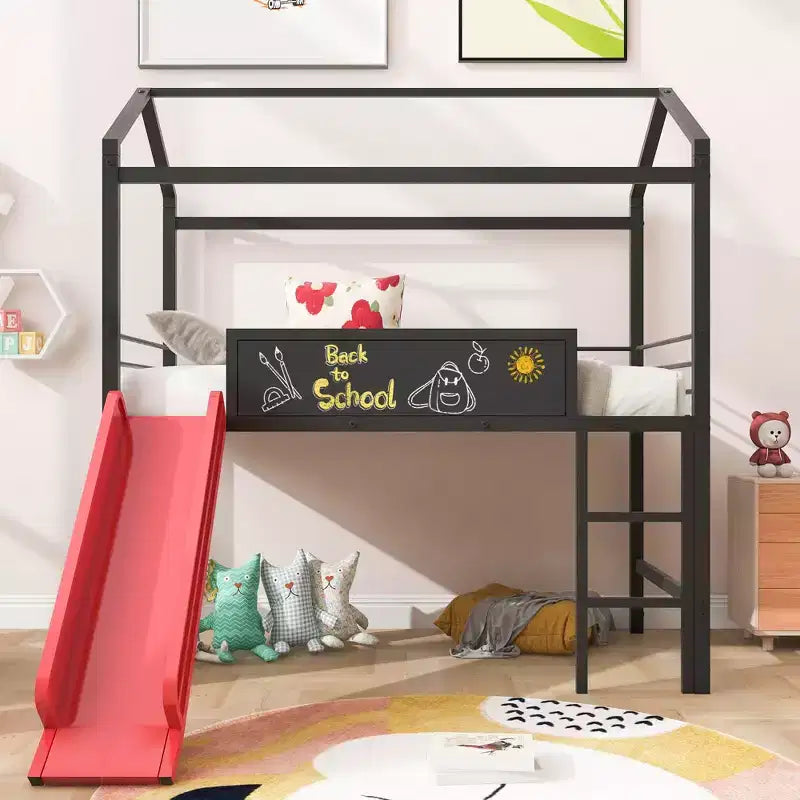 Lit mezzanine double avec toboggan et tableau d'écriture