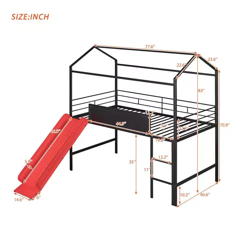 Lit mezzanine double avec toboggan et tableau d'écriture